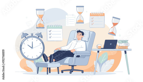 Businessman taking a break and sleeping in an office chair with feet on an ottoman, surrounded by alarm clock, hourglasses, and checklists, representing time management and work-life balance.