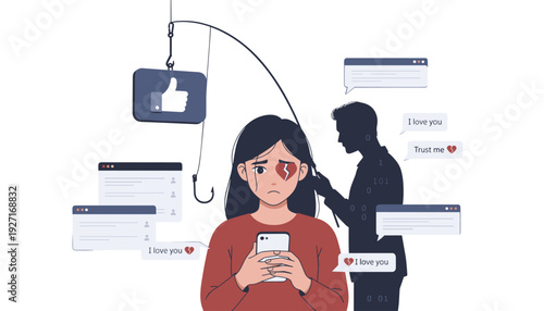 Romance Scam Concept: Sad Woman Deceived by Internet Criminal Using Fake Love Messages and Social Media Bait. Shadowy Catfisher Manipulating Victim with Fishing Hook, Heartbreak, and Cybercrime.