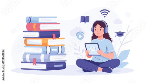Woman Sitting Near a Large Pile of Books Wearing Headphones and Using a Tablet to Listen to Audiobooks Online, Concept of Digital Reading, E-learning, Education, and Modern Technology Illustration