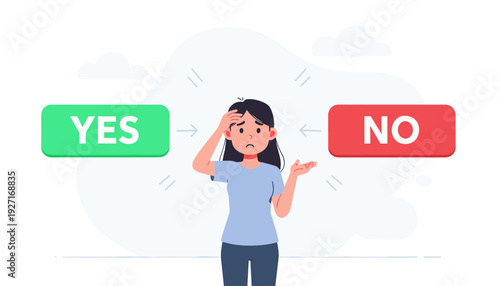 Confused Woman Standing Between Yes and No Buttons Unable to Make a Decision. Flat Vector Illustration of a Person Facing a Difficult Choice, Dilemma, and Uncertainty in Problem Solving Concept.