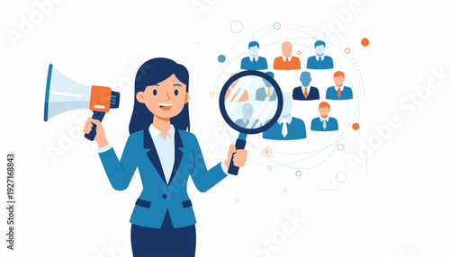 Professional Businesswoman Holding Megaphone and Magnifying Glass Searching for Candidates. Recruitment, Human Resources, and Talent Acquisition Concept Vector Illustration for Job Hiring.