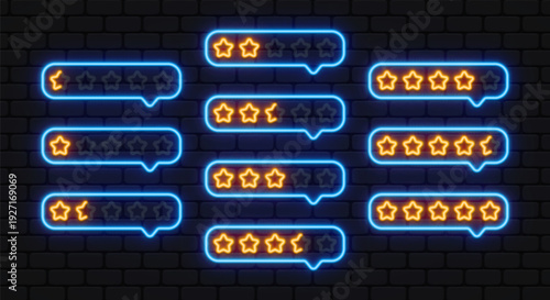 Neon speech bubbles with star ratings in different combinations. Luminous outlines create a modern review interface style. Ideal for customer feedback, online comments, or UI elements.