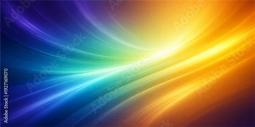 A bright summer sun burst with orange and blue rays glows over an abstract colorful vector background, creating a vibrant nature art with a light sky flare and blurred yellow sunlight