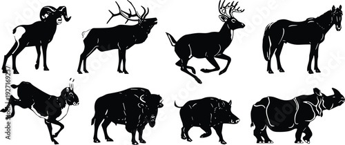 Wild animal silhouette collection featuring ram elk deer horse bison boar rhinoceros vector illustration set isolated on white background