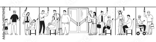 A doodle set of people in various clothing on public transport, depicting moments of everyday city life. Diversity concept. Vector linear illustration.