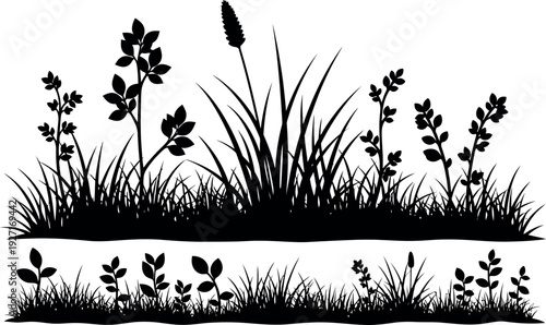 Two-tiered black silhouette of meadow grass and small leafy plants, isolated vector graphic