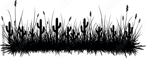 Black silhouette of desert landscape with cacti and sparse grasses, isolated vector illustration