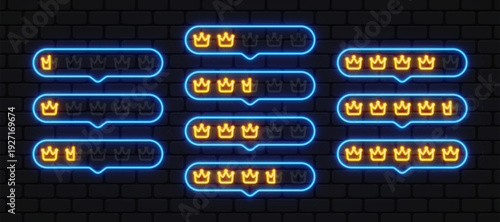 Neon crown rating displayed in bright chat frames. Golden icons highlight status from basic to premium level. Ideal for VIP services, memberships, or exclusive offers.