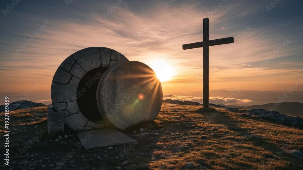 Jesus Christ empty tomb with cross on a mountain at sunrise ...