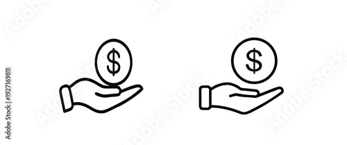 Hand holding dollar coin icon set featuring outline of palm with money currency for cash payment financial profit and more vector illustration or editable stroke