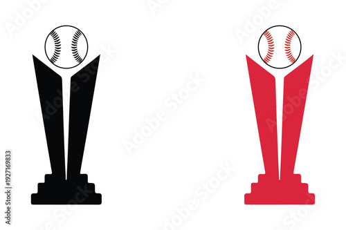 Set of baseball trophy with baseball ball vector icons featuring championship cup awards and winner silhouettes, Isolated on white background, Sports victory award icon

