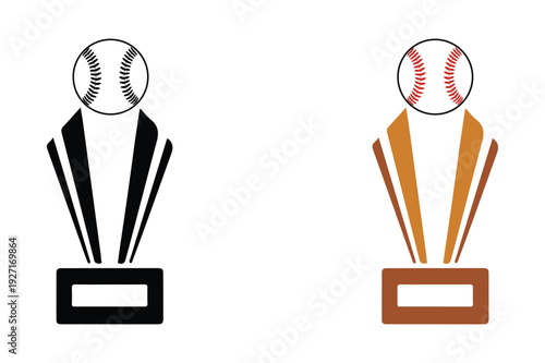 Set of baseball trophy with baseball ball vector icons featuring championship cup awards and winner silhouettes, Isolated on white background, Sports victory award icon
