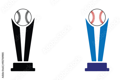 Set of baseball trophy with baseball ball vector icons featuring championship cup awards and winner silhouettes, Isolated on white background, Sports victory award icon
