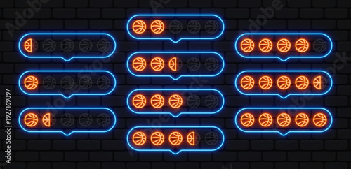 Neon basketball score scale inside glowing speech shapes. Orange ball icons show progress and achievement steps. Great for sports apps, game stats, or fan communities.