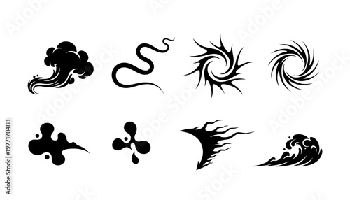 Collection of black abstract vector silhouette icons featuring ferrofluid shapes, liquid flow, spiky vortex, smoke, water wave, and blob elements