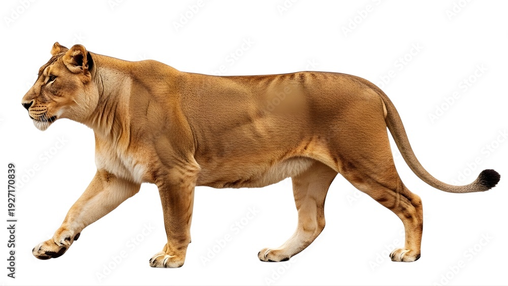 Obraz premium A lioness walking on transparent background in a natural landscape