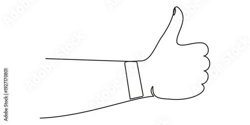 Hand with thumb up in single line art style. Hand drawing with editable black stroke on white background. Vector illustration. 