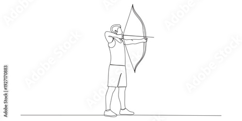 Continuous one line drawing of a full-body archer standing tall, pulling a bow and aiming an arrow with precision, symbolizing focus, strength, and discipline.