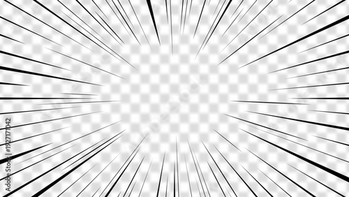 Black comic book speed lines radiating outward on a transparent background. Manga motion effect for graphic design.