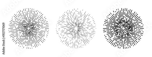 Three abstract burst or sunbeam elements in radial line art design for graphic decoration. Retro starburst or light ray effect. Vector graphic.