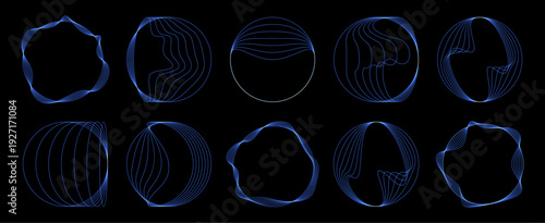Ten blue flowing line shapes on black background. Abstract geometric art for modern design element. Digital wave pattern for cover.