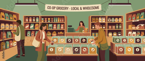 Flat vector illustration of a modern co-op grocery store interior with bulk bins, local organic products, and people shopping for healthy food in a sustainable community market environment.