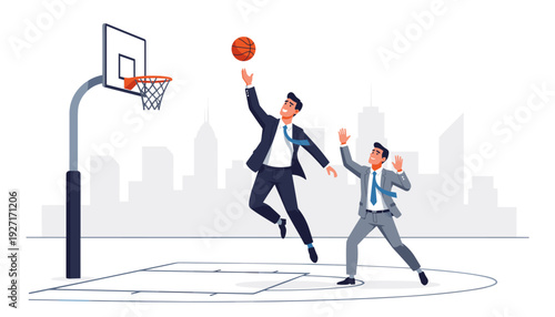 Two businessmen in formal suits playing basketball on an outdoor city court. One man jumps high to shoot the ball while the other defends. Concept of business competition, teamwork, and goals.
