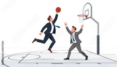 Businessman in a suit jumping to dunk a basketball while another businessman defends on a court, vector illustration of corporate competition, office sports, success, and goal achievement.