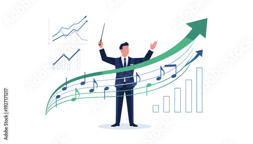 Businessman in a suit acting as a music conductor directing financial growth with a rising arrow and musical notes, symbolizing leadership, strategic management, and business success performance.
