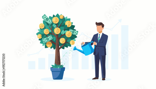 Businessman Watering a Money Tree for Business and Financial Growth, Investment Concept for Profit, Success, Wealth, and Economic Prosperity with Rising Growth Chart Background Vector Illustration