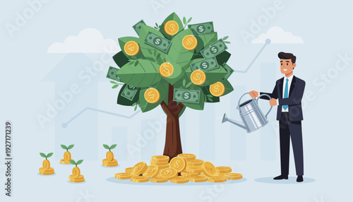 Successful Businessman Watering a Money Tree with Gold Coins and Dollar Bills, Representing Financial Growth, Investment Strategy, Wealth Accumulation, and Business Prosperity Illustration.