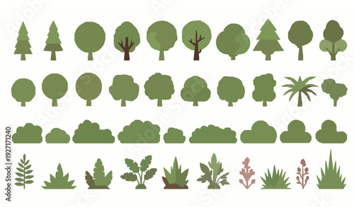 Modern Flat Design Cartoon Vegetation Set Trees Shrubs And Garden Plants Vector