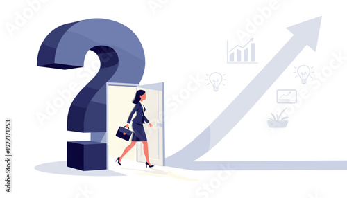 Businesswoman walking out of a question mark door towards a bright path of growth and success. Vector illustration of problem solving, finding solutions, innovation, and career development.