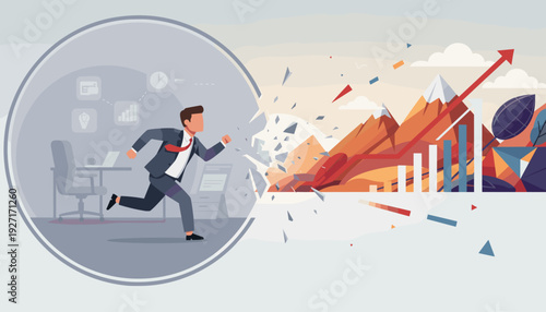 Businessman Breaking Out of Comfort Zone to Achieve Success and Growth Concept. Man Escaping Routine Office Life into a Vibrant World of Opportunity with Rising Bar Charts and Mountain Peaks.