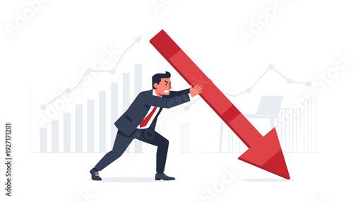 Businessman in suit pushing against a falling red arrow representing economic recession and financial crisis, trying to stop market crash and bankruptcy with full effort, vector illustration.