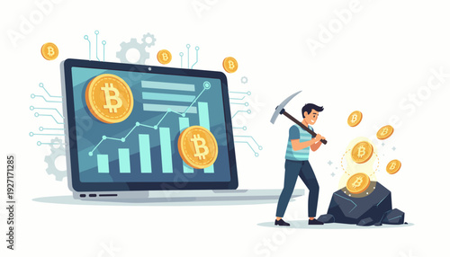 Bitcoin mining concept illustration with a man using a pickaxe to extract digital currency from a rock next to a laptop showing financial growth charts and crypto coins for business success.
