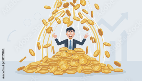 Stressed businessman trapped under a heavy rain of falling gold coins, conceptual vector illustration of financial stress, debt crisis, economic burden, or the pressure of managing wealth.