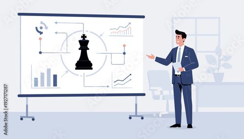 Entrepreneur in a suit giving a professional presentation on a whiteboard with a chess king, growth charts, and a complex scheme representing strategic business tactics and corporate planning.