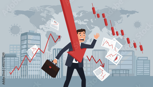 Global Financial Crisis and Economic Collapse Concept with a Worried Businessman Stabbed by a Large Red Falling Arrow Symbolizing Stock Market Crash, Recession, Bankruptcy, and Business Failure