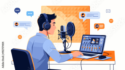Professional man recording podcast or live streaming in home studio with microphone and headphones, digital content creator broadcasting online with laptop and interactive social media chat bubbles