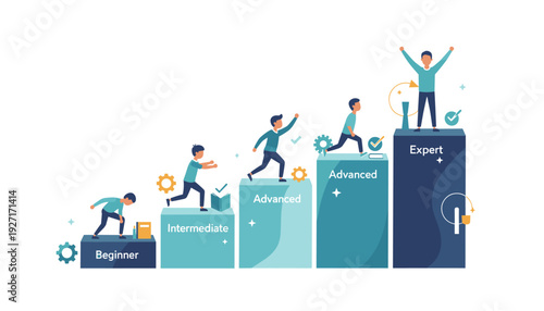 Professional skill level progression concept with people climbing blocks from beginner to expert representing career growth training education and personal development success illustration.