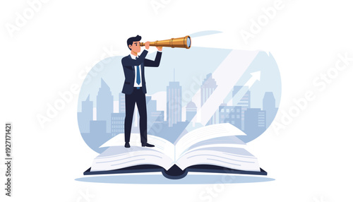 Businessman Standing on a Large Open Book Looking Through a Telescope Towards a City Skyline, Concept of Research, Investigation, Curiosity, Business Vision, Strategy, and Future Growth Success.