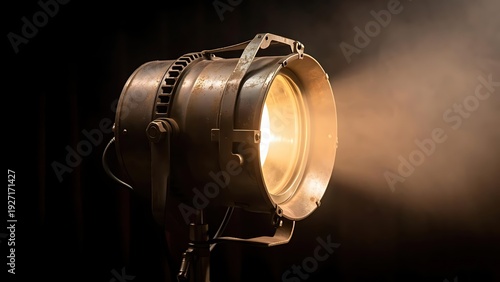 Vintage-style studio spotlight, radiating a warm beam through the misty air - Spectacular lighting equipment on a dark background