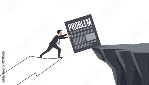 Businessman in a suit pushing a heavy block labeled problem off a steep cliff to overcome obstacles. Concept of effective problem solving, business success, crisis management and leadership.