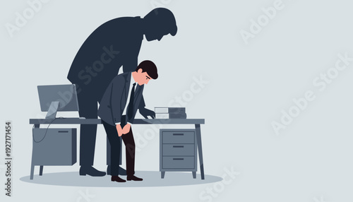 Stressed and Anxious Office Worker with Large Depressed Shadow Representing Failure and Mental Health Struggles in the Workplace, Vector Illustration of Corporate Burnout and Emotional Pressure.