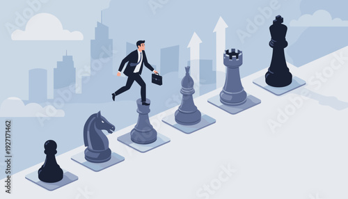 Businessman walking up chess pieces as steps towards success, representing strategic planning, career growth, and corporate leadership vision with a city skyline background and upward arrows.