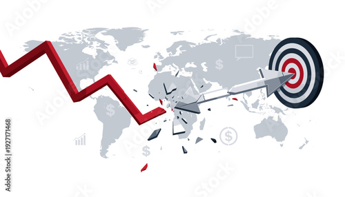 Global Financial Crisis Concept with Falling Red Graph Shattering an Arrow Aimed at a Target Bullseye over World Map Background Representing Disrupted Business Goals and Economic Market Downturn.