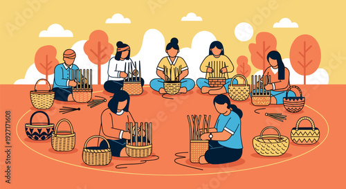 People sitting in a circle making baskets outdoors in autumn
