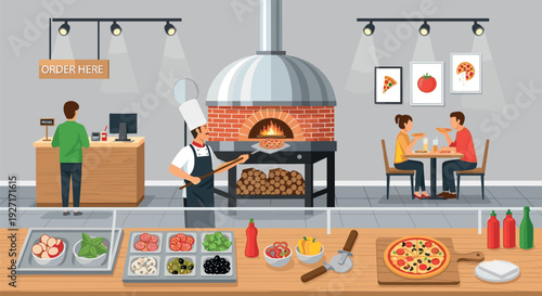 A bustling pizzeria with a brick oven and various toppings on a counter