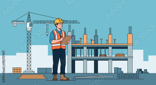 Construction worker with clipboard at building site with crane